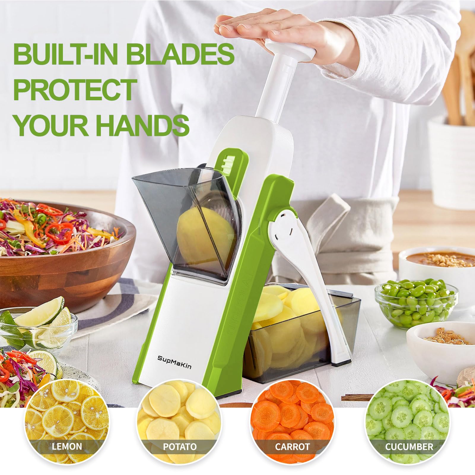 SUPMAKIN Safe Mandoline Slicer – 4 Mode Vegetable Chopper & Dicer