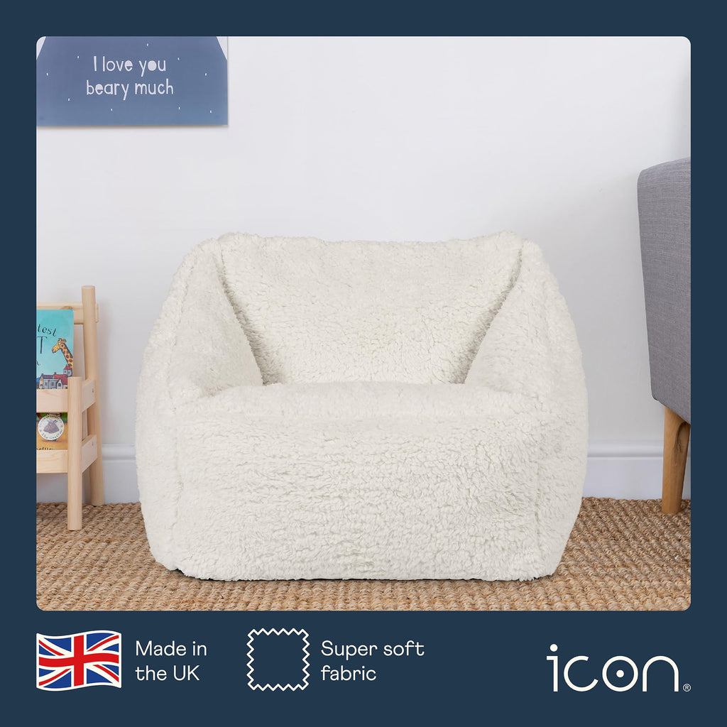 icon Kids Teddy Fleece Bean Bag Chair | Cream Fluffy Toddler Armchair