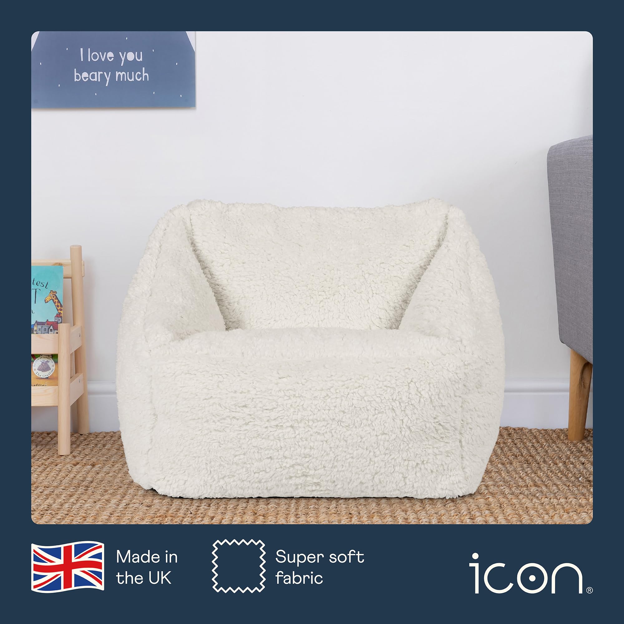 icon Kids Teddy Fleece Bean Bag Chair | Cream Fluffy Toddler Armchair