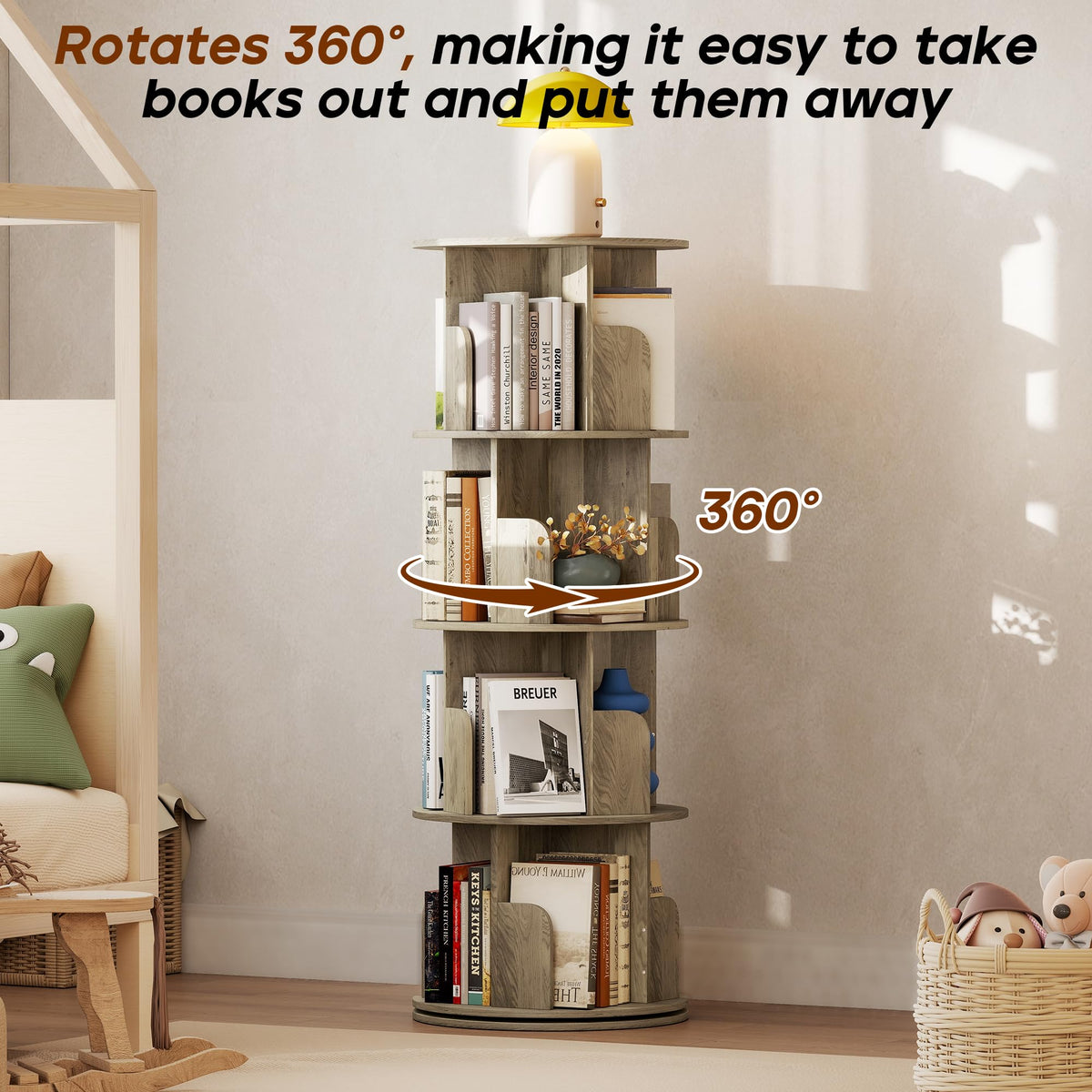 Quikraen 4-Tier Rotating Bookshelf，360° Rotating Storage Rack，Oak Color