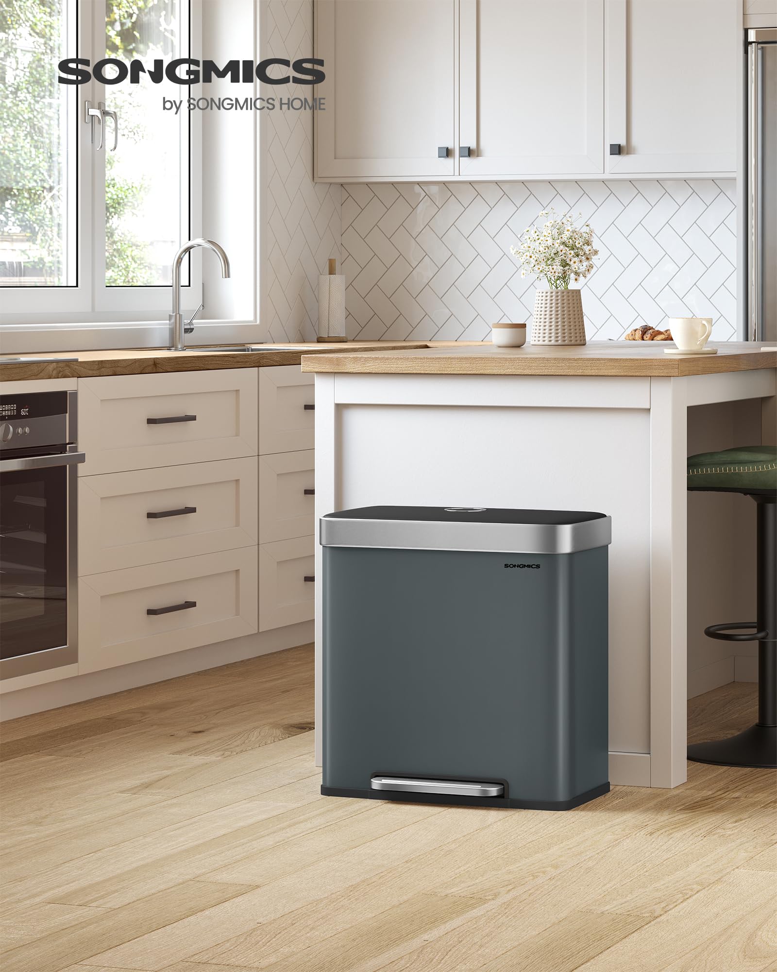 SONGMICS 60L Stainless Steel Kitchen Bin – Dual 30L Recycling Pedal Bin