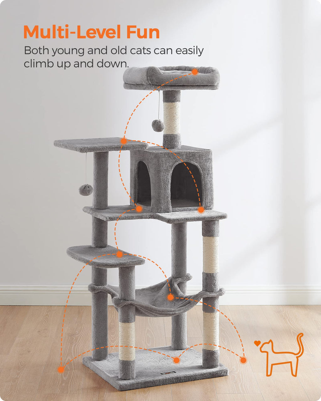 Feandrea 143cm Cat Tree – Multi-Level Cat Tower with Condo and Hammock