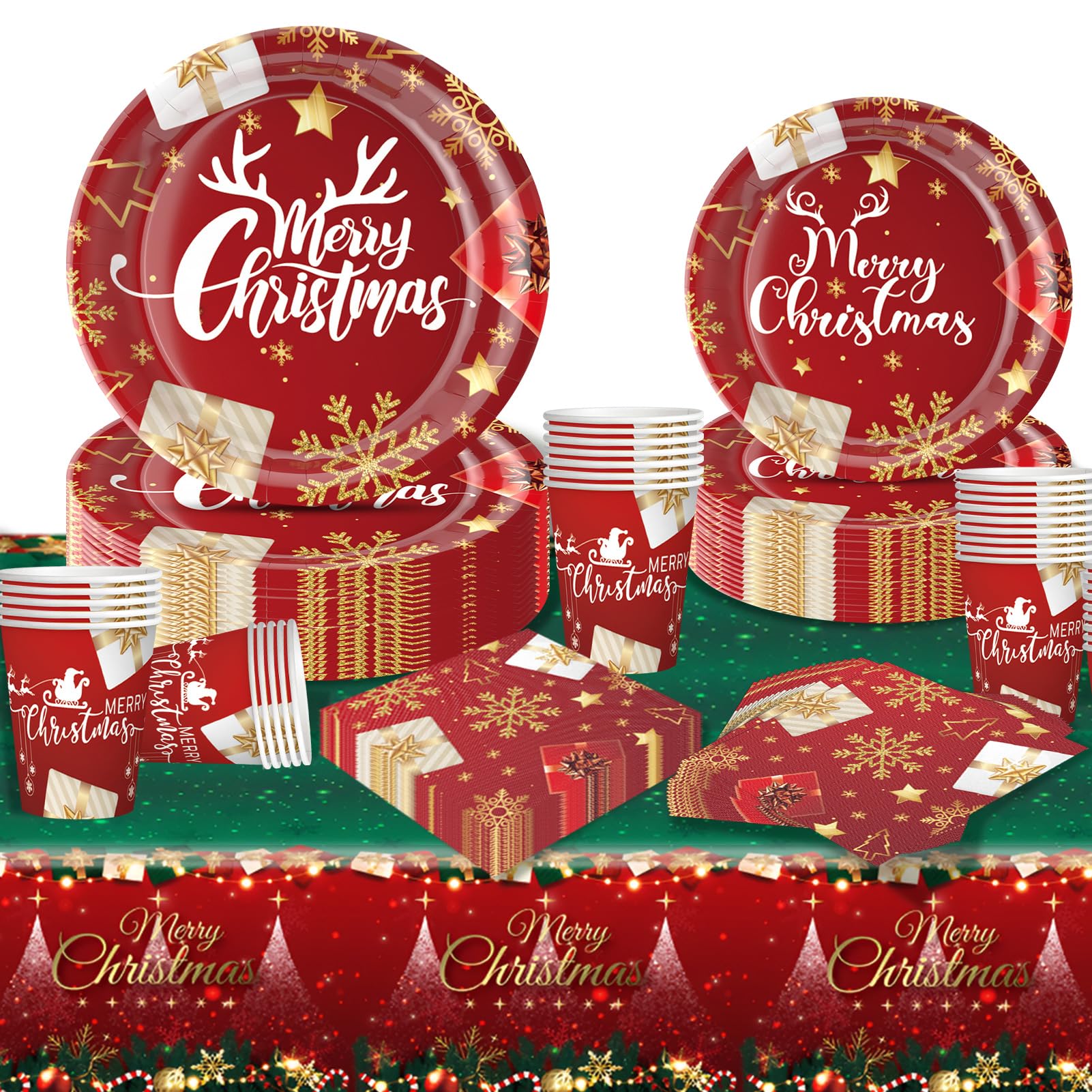 Meriviva 97 Pcs Christmas Party Tableware Set | Disposable Paper Plates