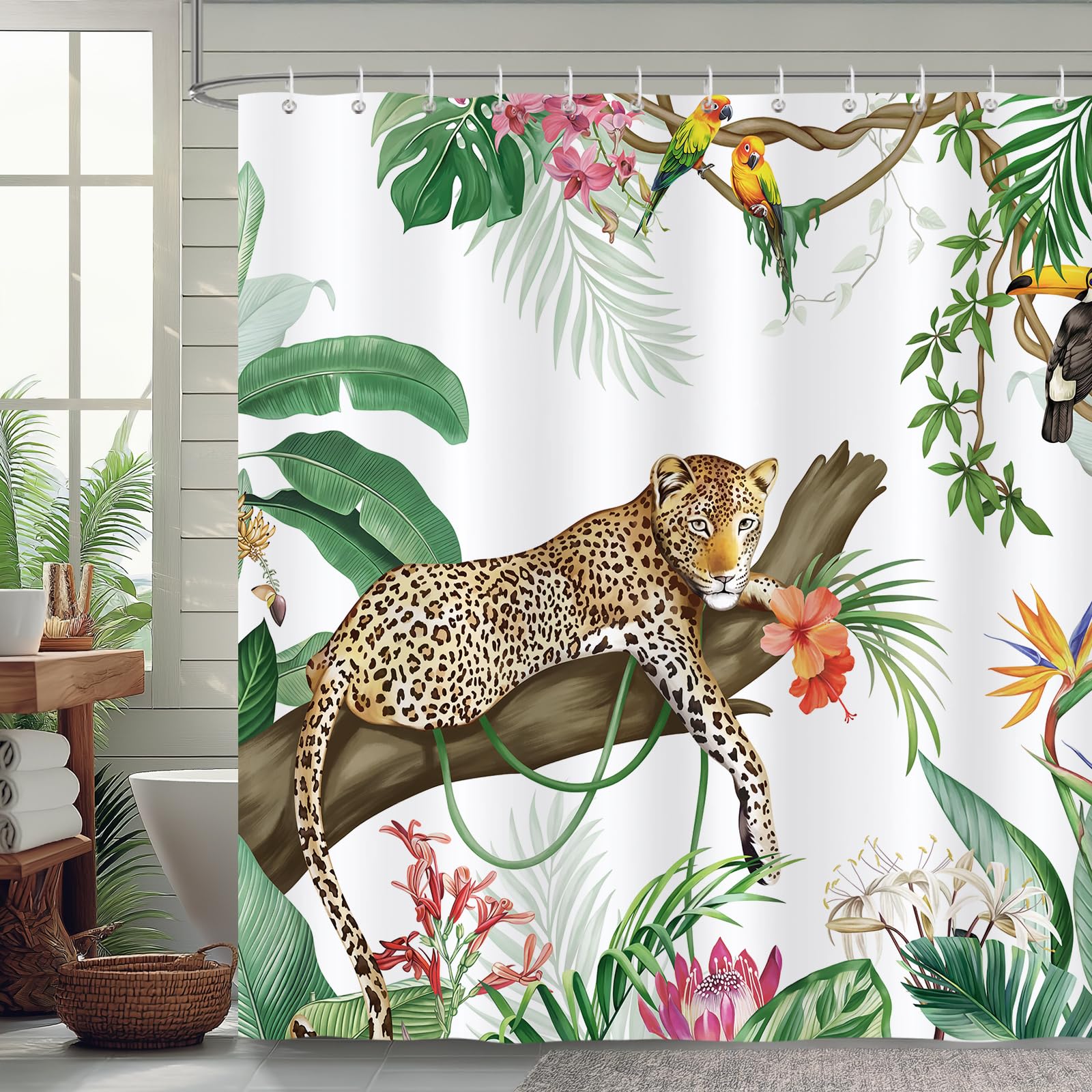 Bonhause Leopard Tropical Leaves Shower Curtain | Waterproof Polyester
