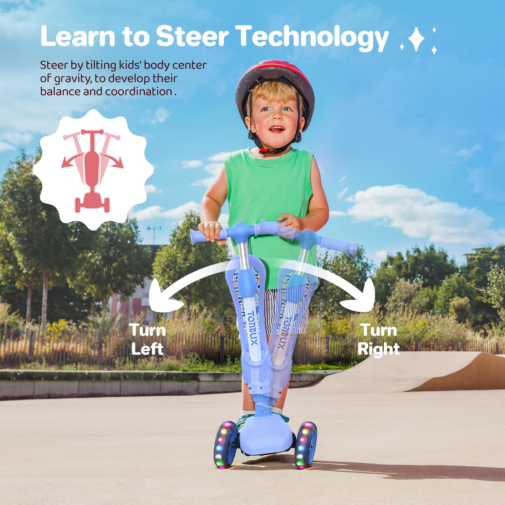 TONBUX 3 Wheel Kids Scooter with Foldable Seat and LED Flashing Wheels