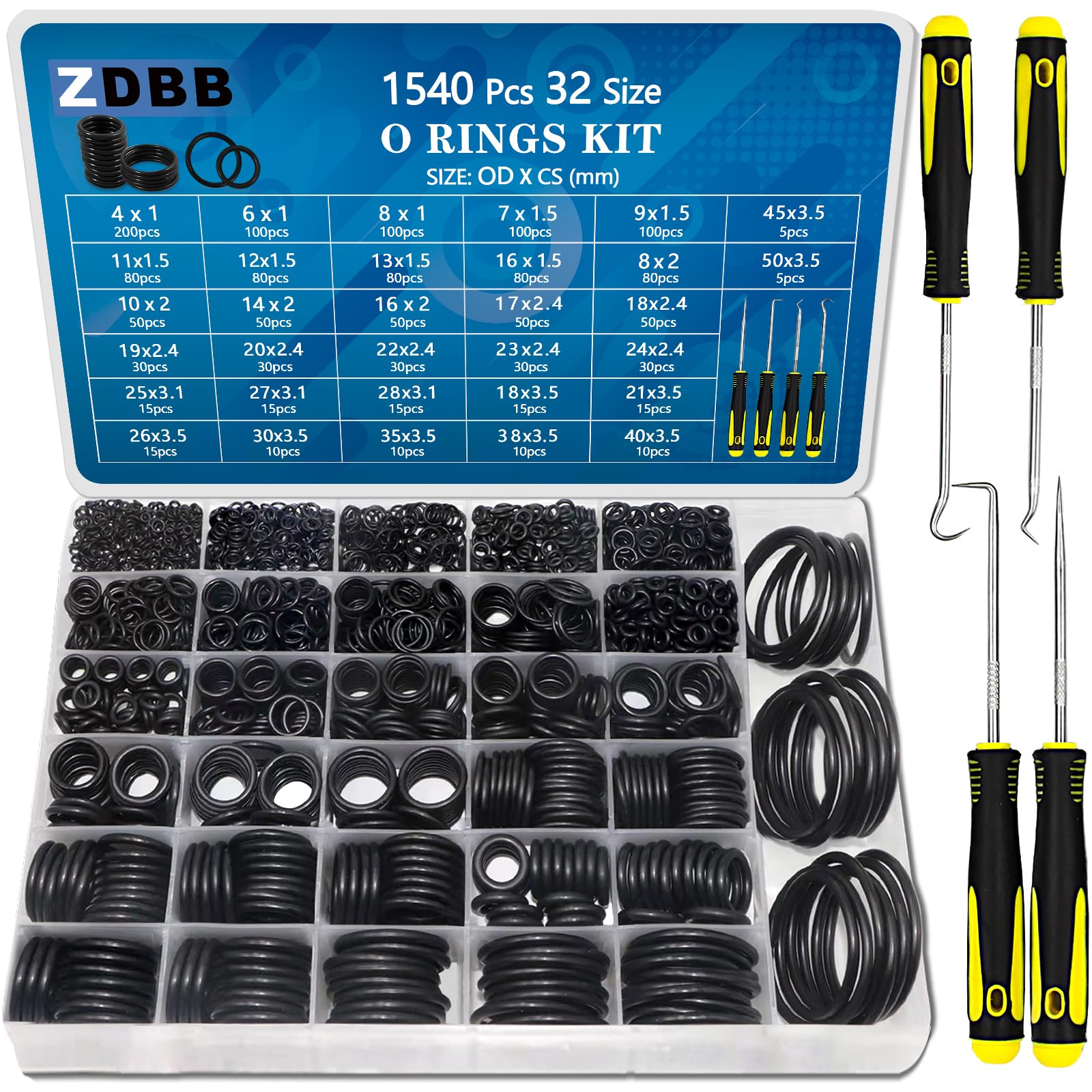 ZDBB 1540 Pcs Nitrile Rubber O-Ring Assortment Kit – 32 Metric Sizes
