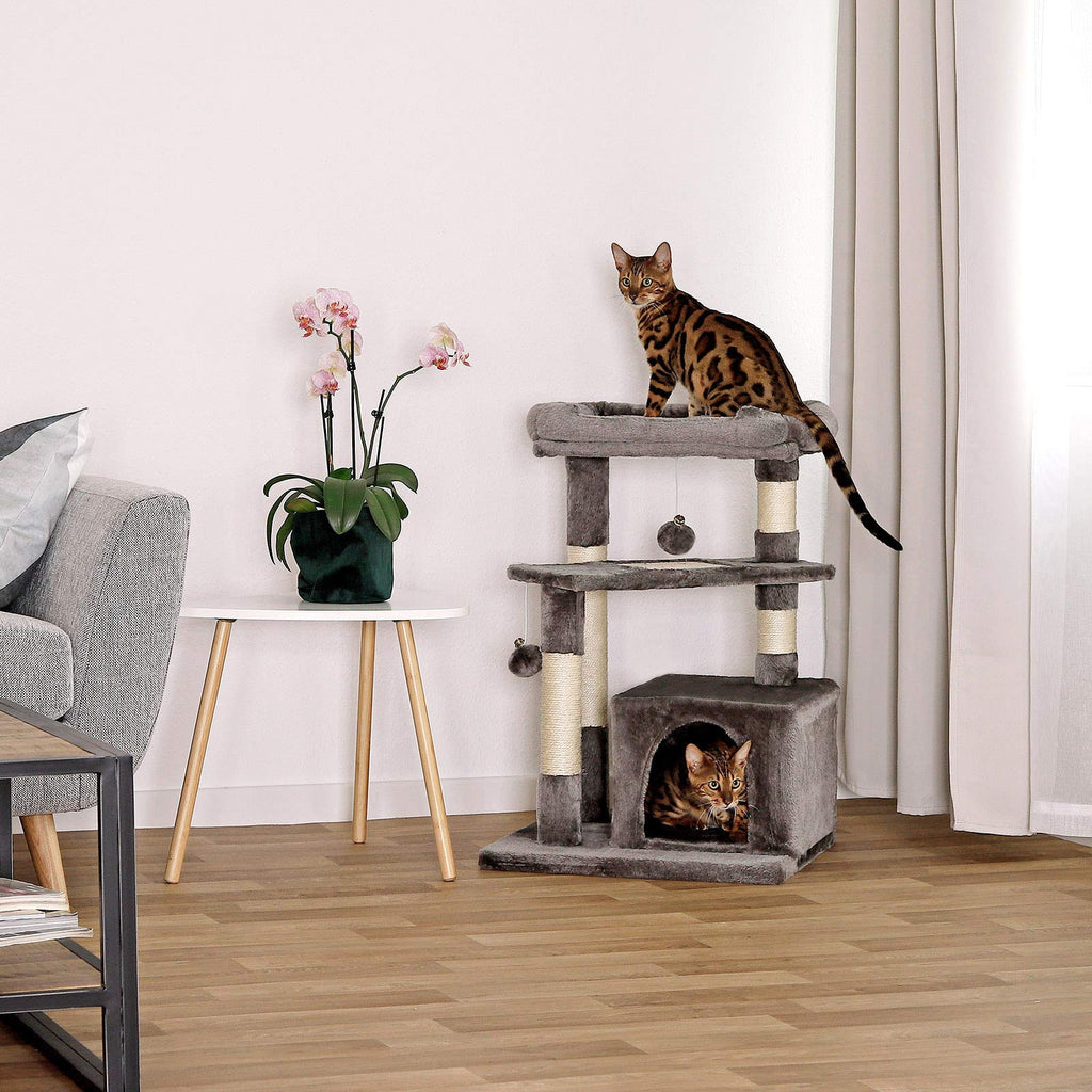lionto Cat Tree with Sisal Scratching Post, Cave & Bed - Dark Grey, 75 cm