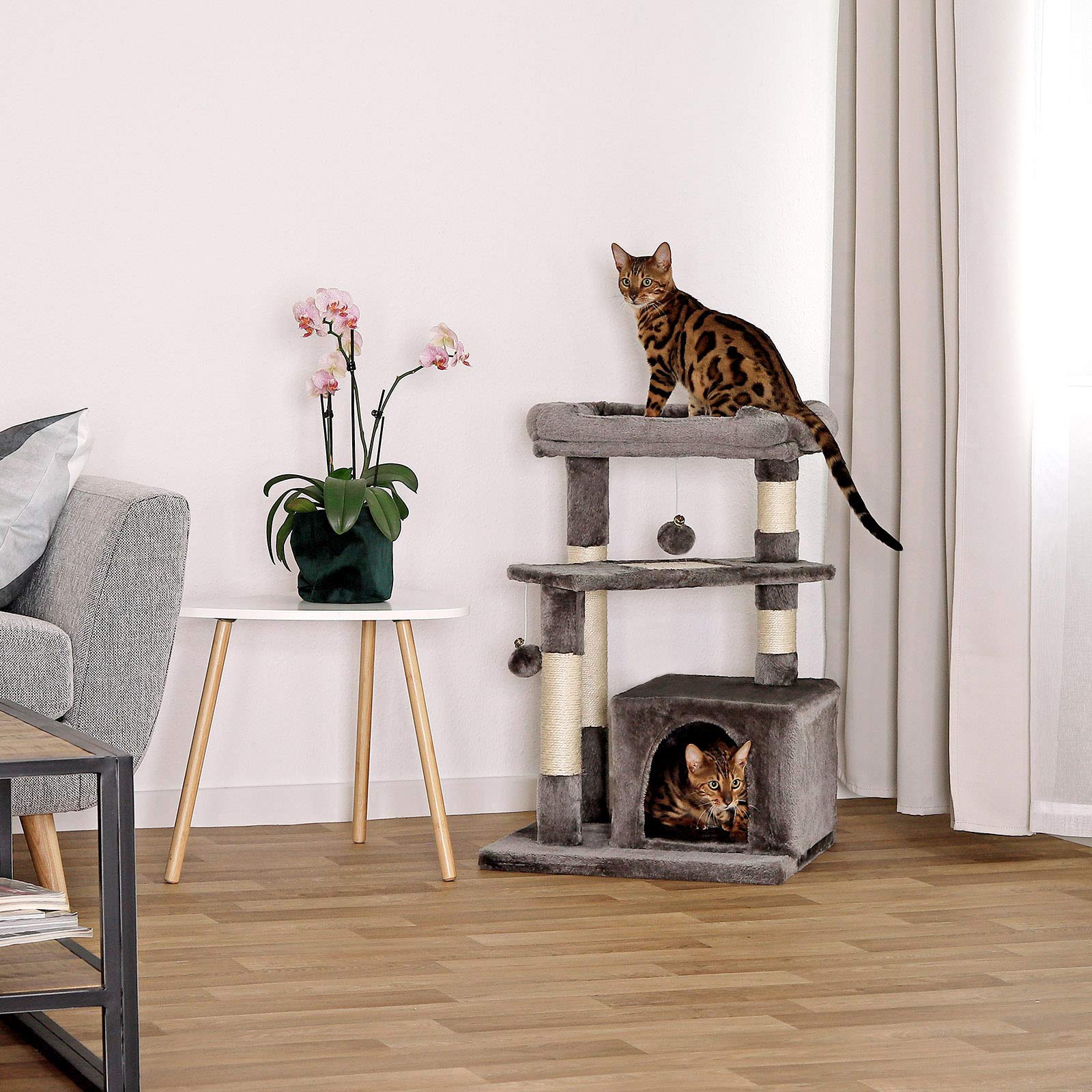 lionto Cat Tree with Sisal Scratching Post, Cave & Bed - Dark Grey, 75 cm