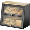Urackify 2-Layer Large Metal Bread Box | Black Bin with Wood Handle