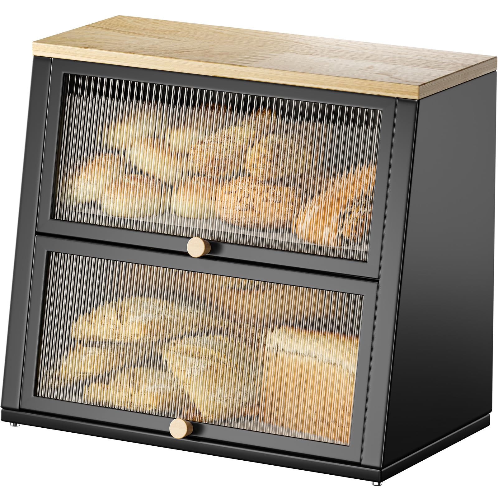 Urackify 2-Layer Large Metal Bread Box | Black Bin with Wood Handle