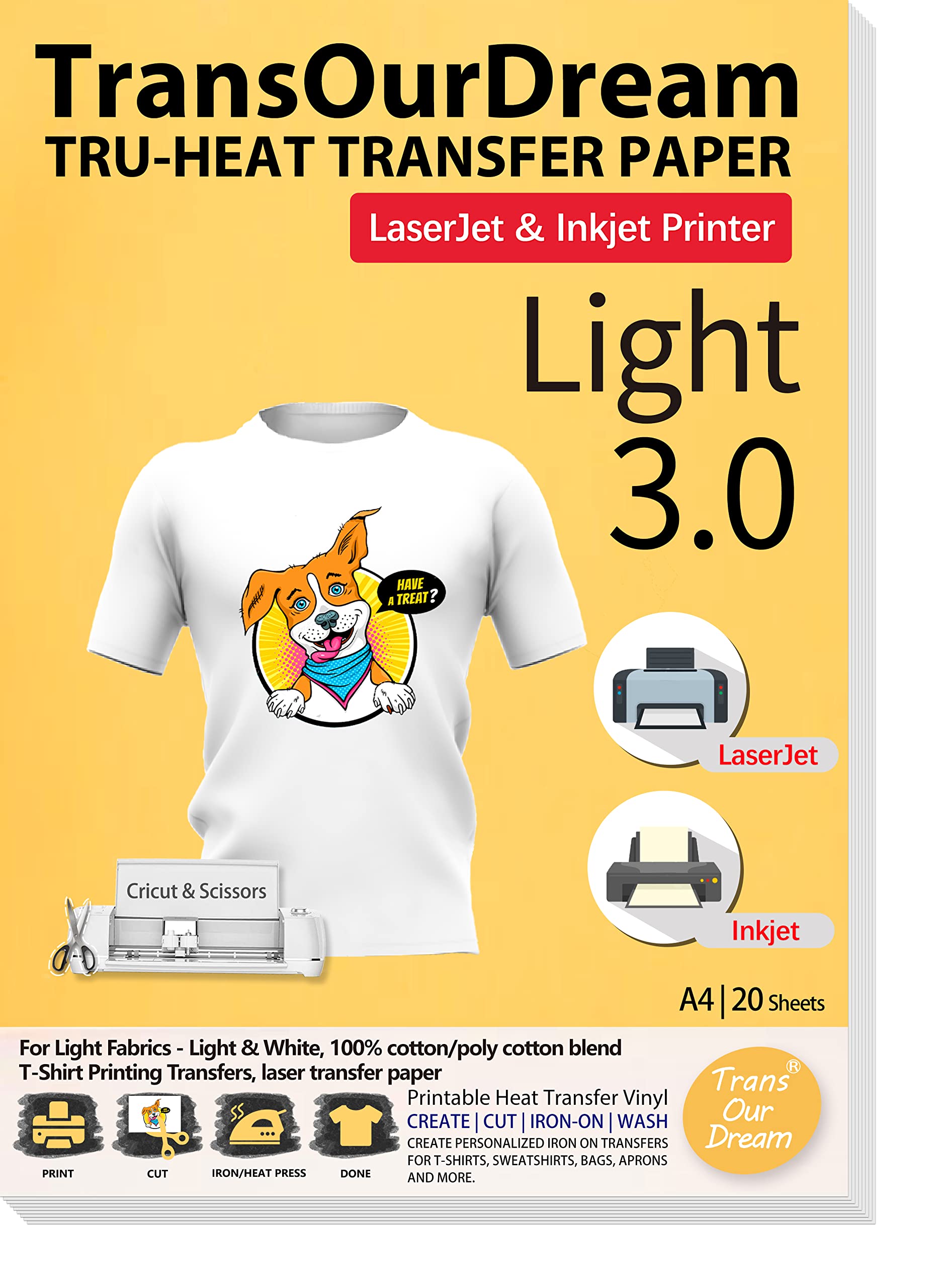 TransOurDream Iron On T-Shirt Transfer Paper for Inkjet & Laser - 20 Sheets