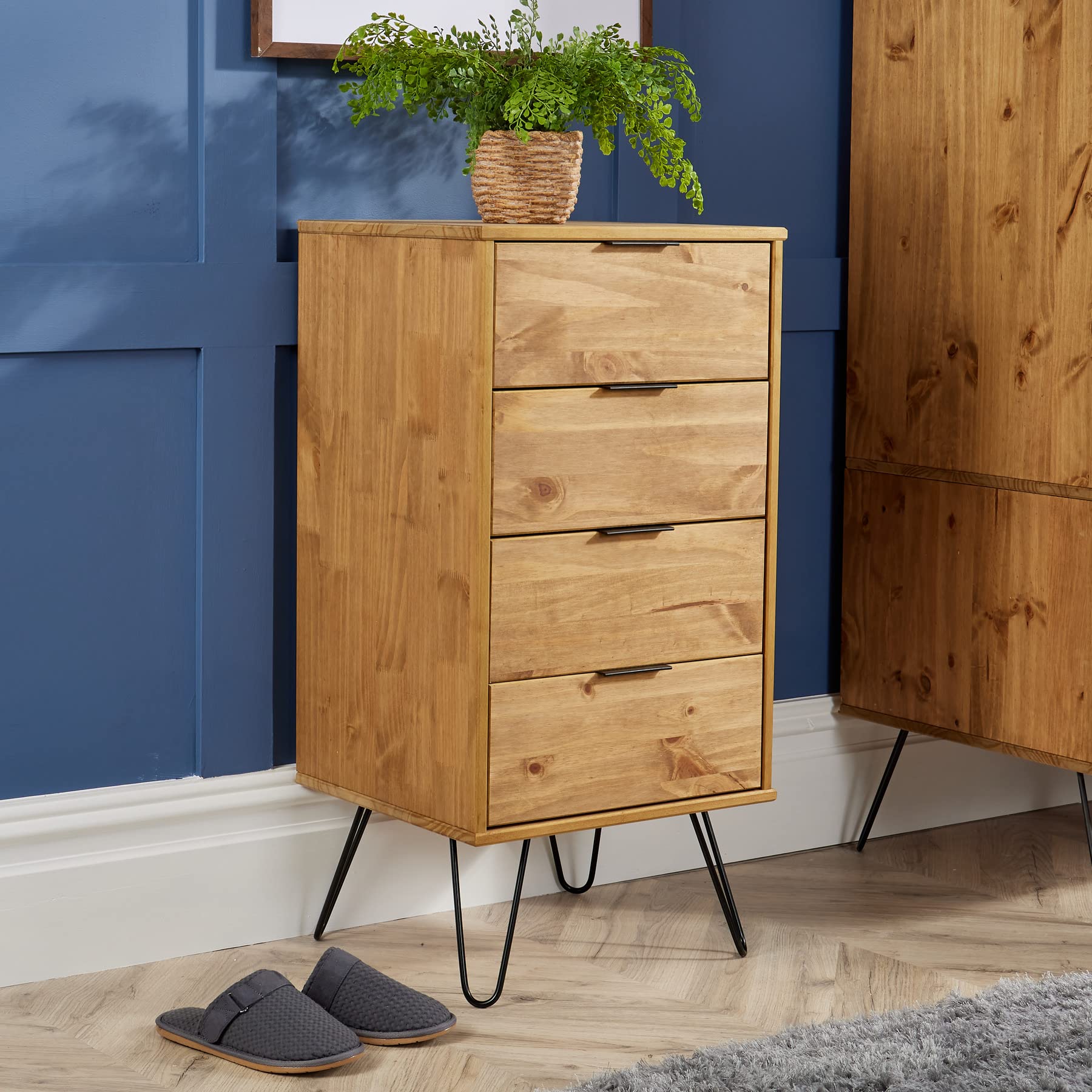 Home Source Acadia Narrow 4 Drawer Chest - Industrial Pine Storage Unit