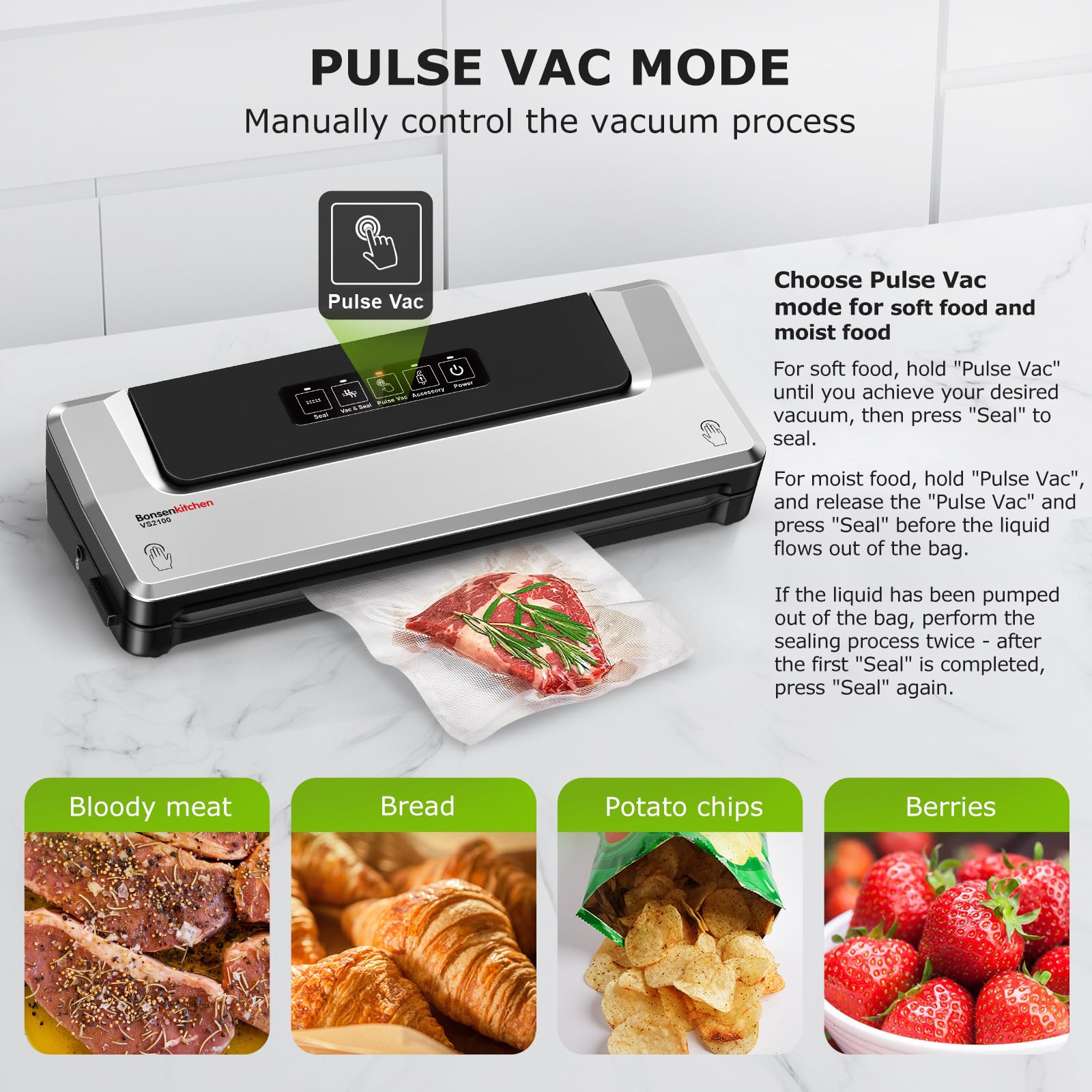 Bonsenkitchen Vacuum Sealer Machine with 40 Bags for Sous Vide - Silver