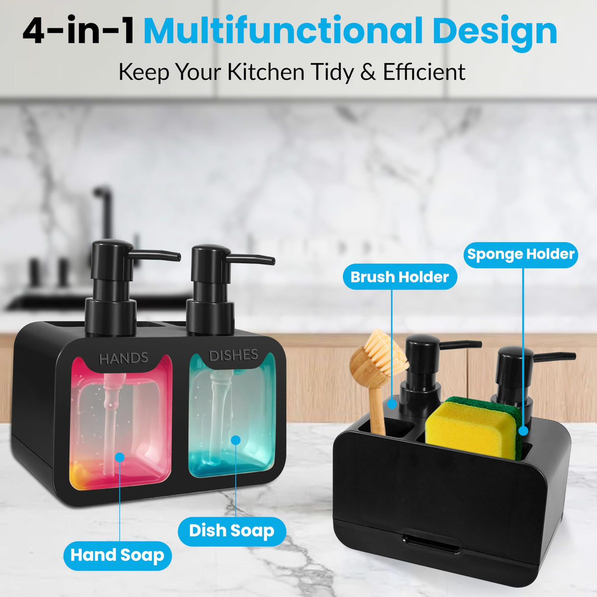 4-in-1 Kitchen Soap Dispenser Set - Dual Hand & Dish Soap Dispenser with Sponge Caddy & Brush Holder - Kitchen Sink Organizer for Countertop Black