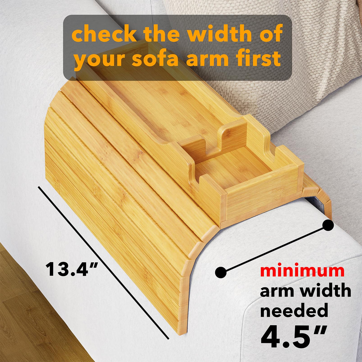 SpaceAid Bamboo Couch Cup Holder, Anti Falling Foldable Sofa Armrest Tray with Cup Holder, Couch Arm Side Table Organizer for Drink Cup Remote Snacks - image 3