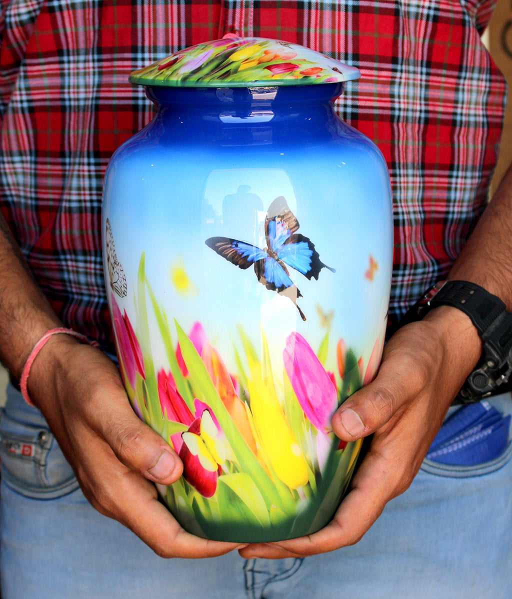 eSplanade Metal Cremation Urn - Blue Butterfly Memorial Jar for Ashes - 10"