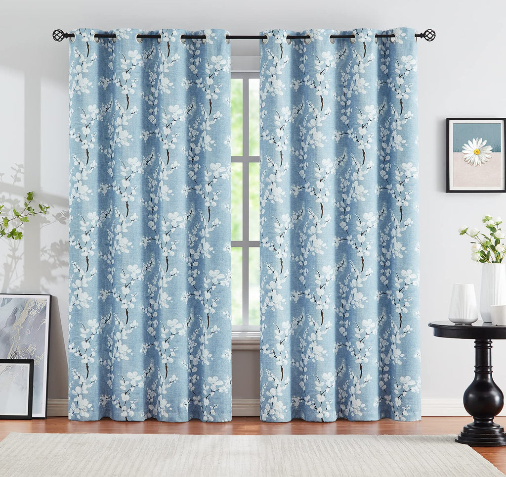 Fmfunctex Blue Floral Blackout Curtains | 90-Inch Thermal Eyelet Panels