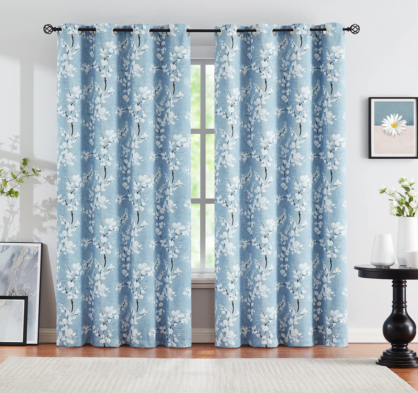Fmfunctex Blue Floral Blackout Curtains | Thermal Insulated Eyelet Drapes