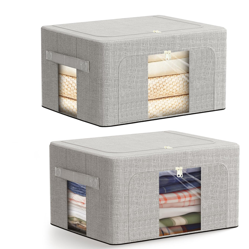AIOR 2PCS 66L Clothes Storage Bags with Metal Frame, Foldable Fabric Storage Boxes with Clear Windows for Blankets Bedding Comforters - image 1