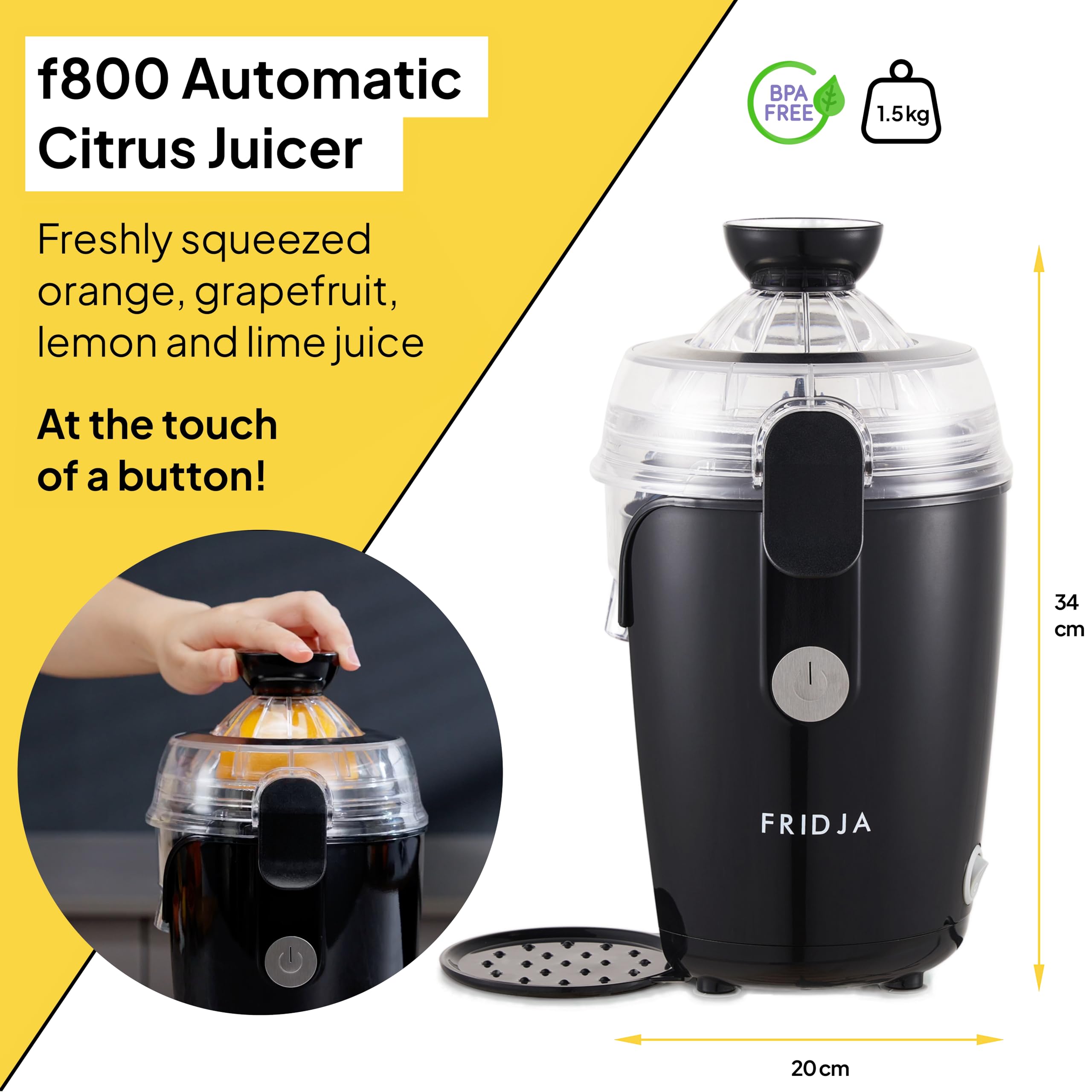 Fridja F800 Automatic Citrus Juicer – 50W Electric One-Touch Press, Black
