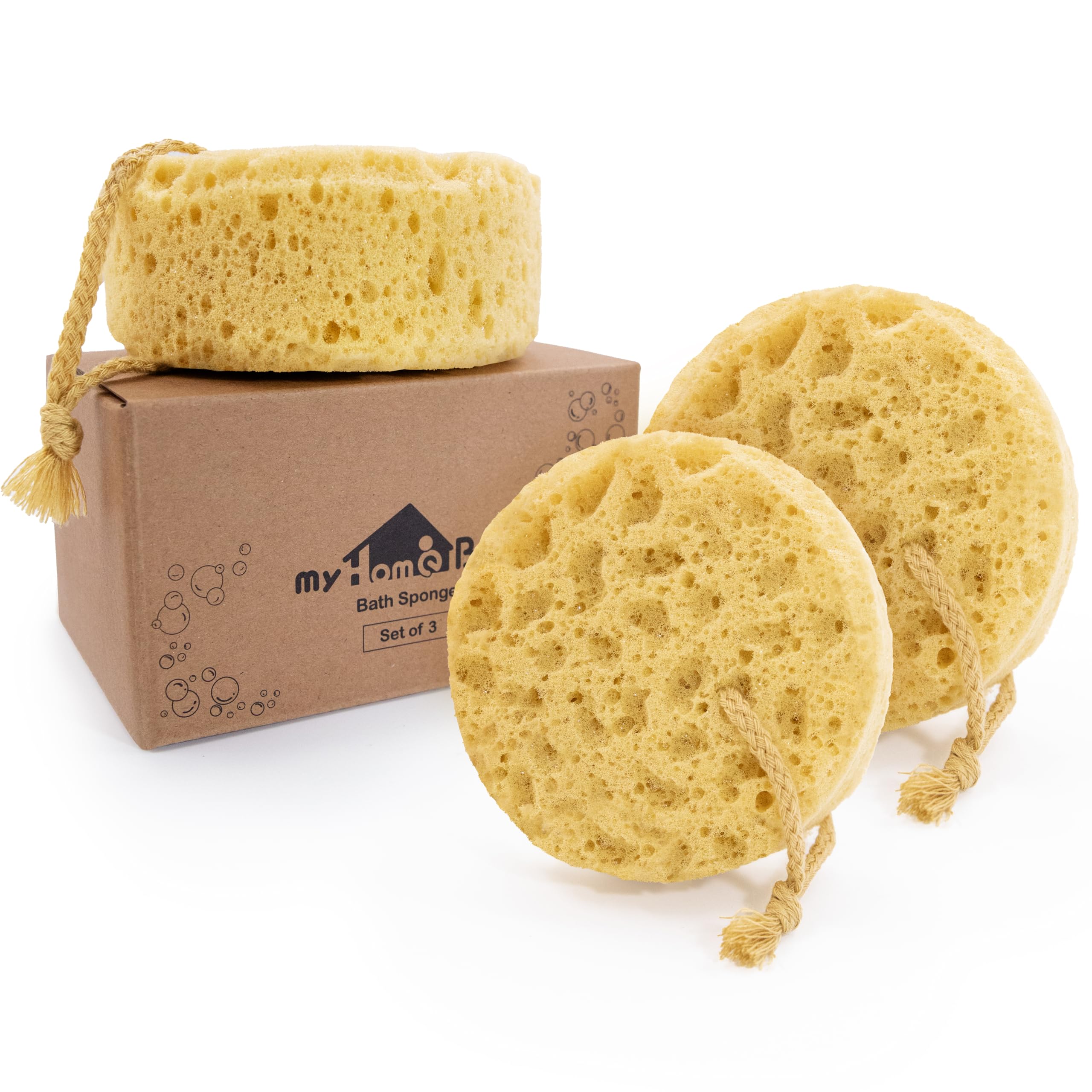 myHomeBody Foam Bath Sponge - Large Round Exfoliating Loofah, 3 Pack