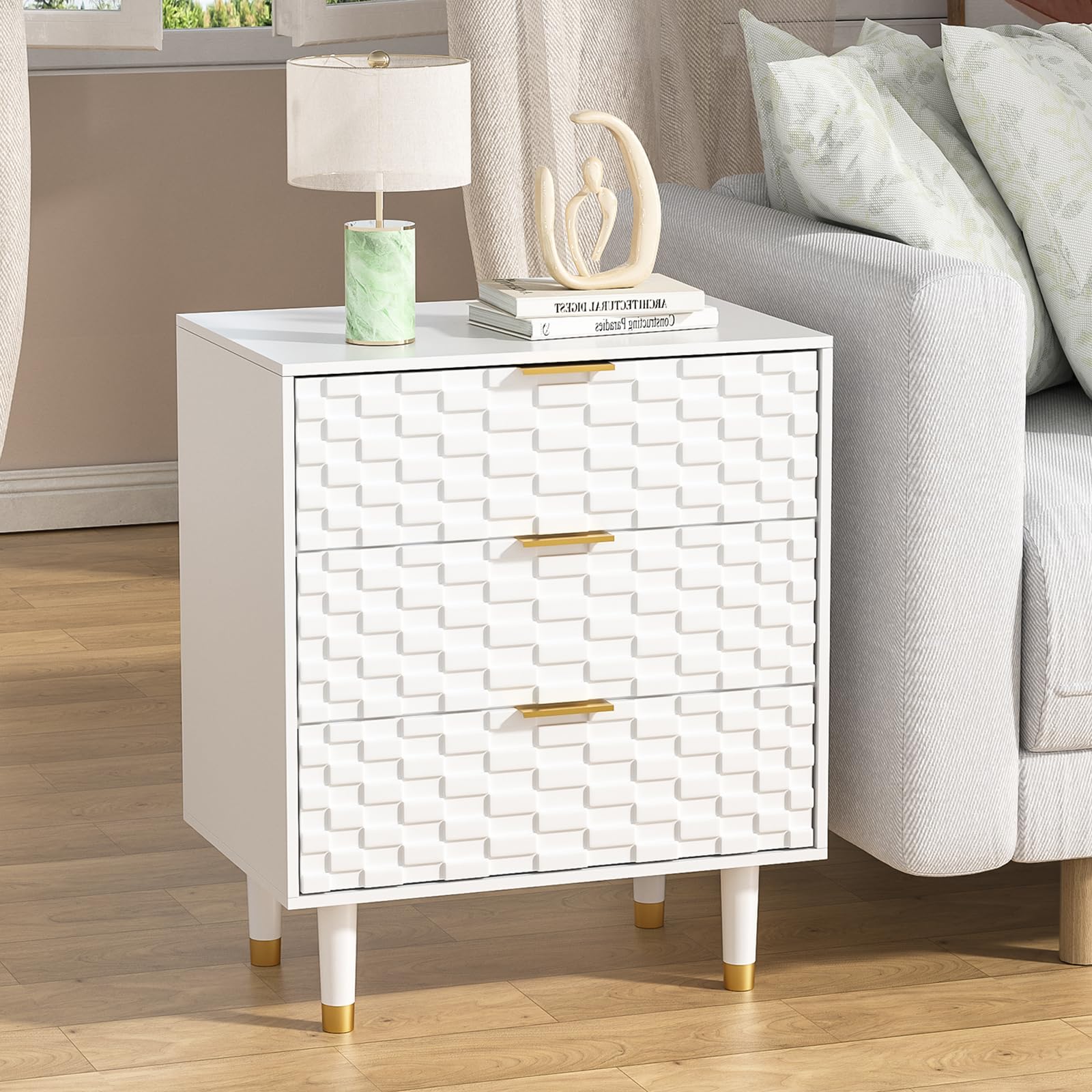 Skokliz 3-Drawer White Nightstand – Farmhouse Wood Bedside Table