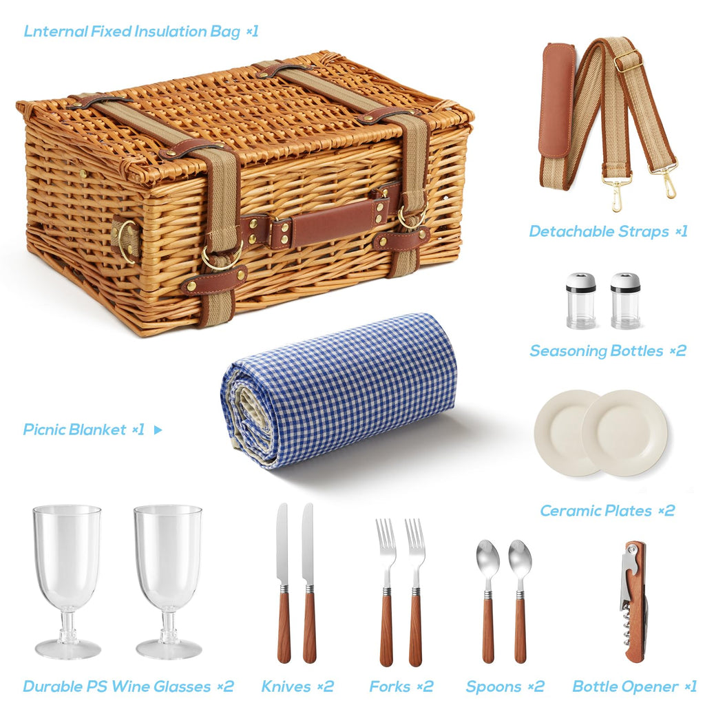 DHAEE Wicker Picnic Basket Set for 2 with Insulated Cooler and Blanket