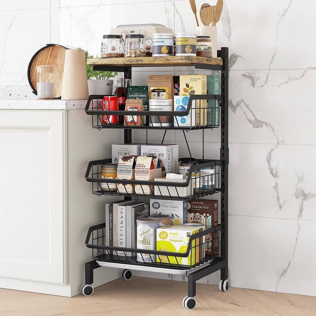 UMDONX 4-Tier Kitchen Vegetable Storage Trolley | Black Metal Rolling Cart