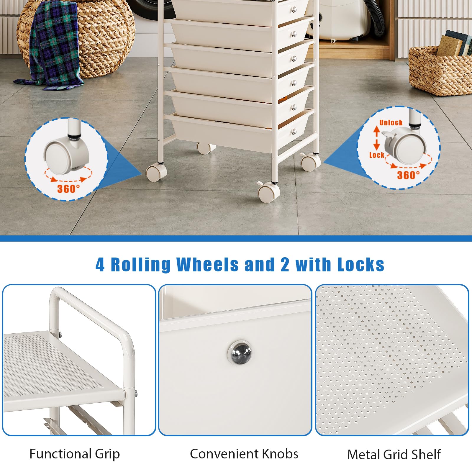Johgee 6-Drawer Rolling Storage Cart | Mobile Utility Trolley with Wheels