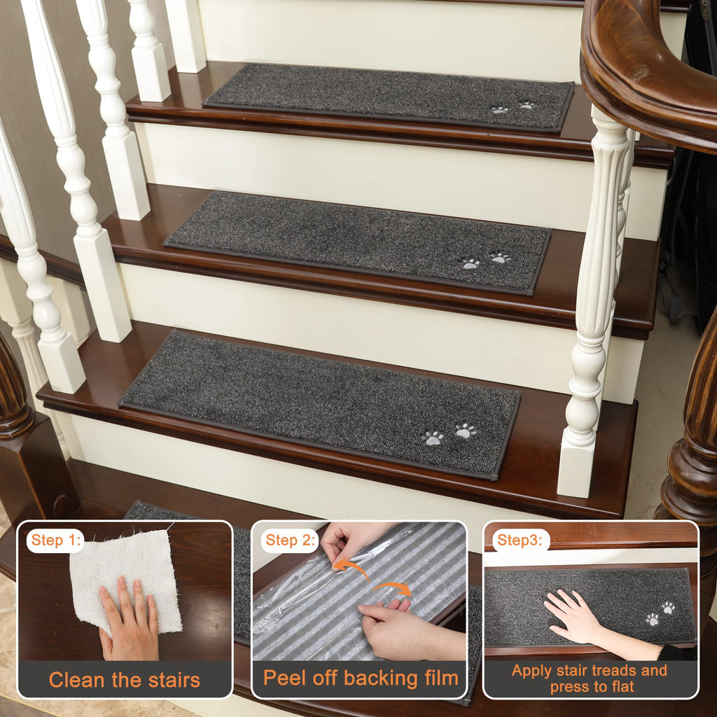 BEQHAUSE Non-Slip Carpet Stair Treads | 15-Pack Washable Runners, Dark Grey