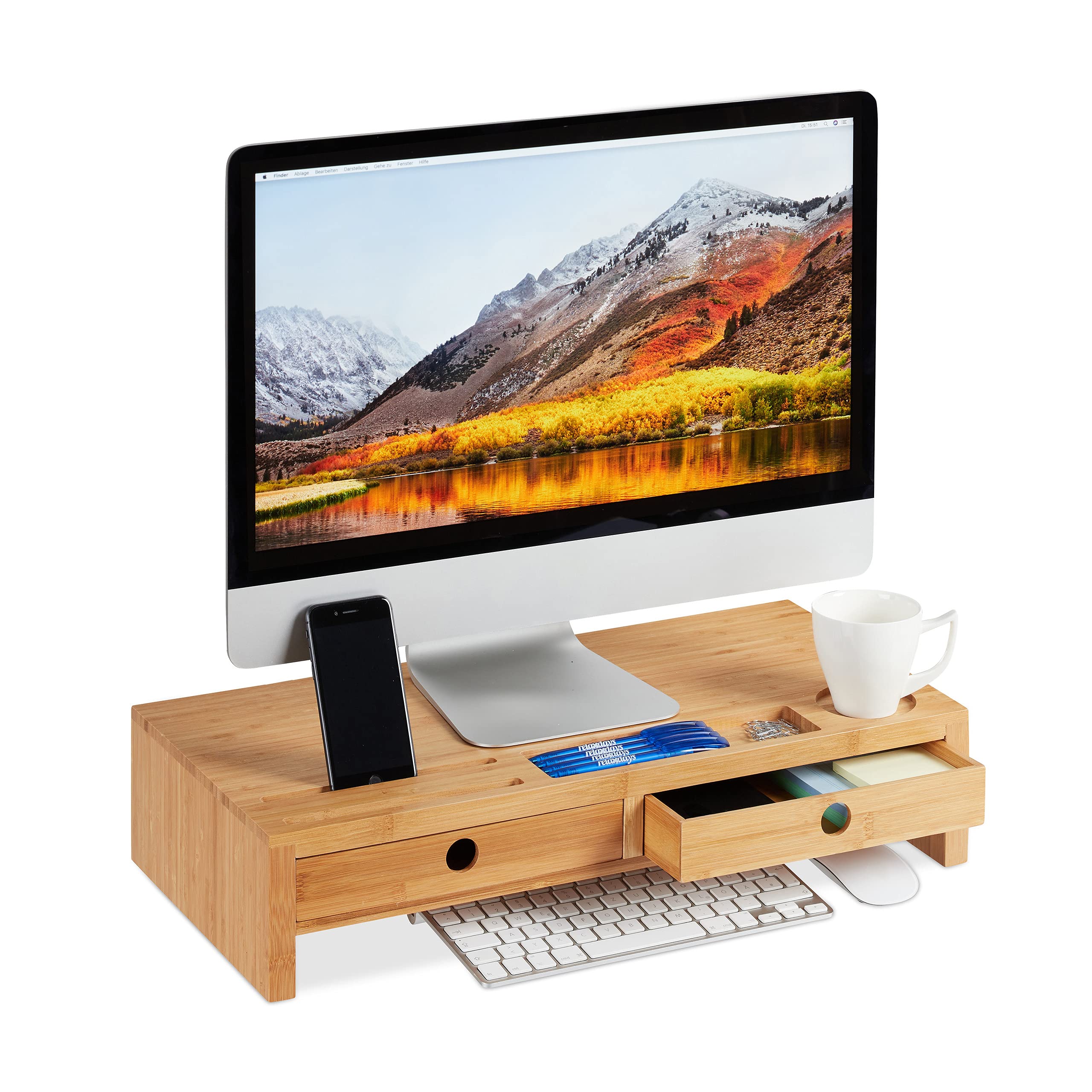 Relaxdays Bamboo Monitor Stand – Ergonomic Desk Organiser with 2 Drawers