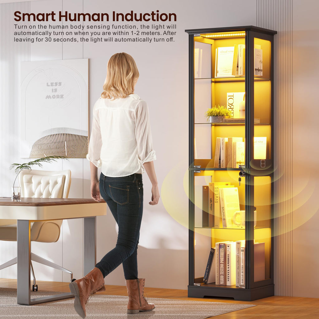 Gurexl 180cm Glass Display Cabinets with Lockable for Collectibles,Black - image 2