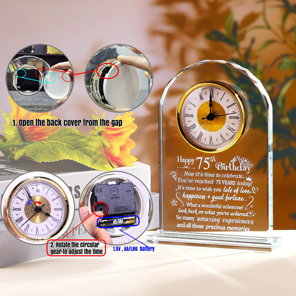 75th Birthday Crystal Clock – Glass Keepsake Milestone Gift