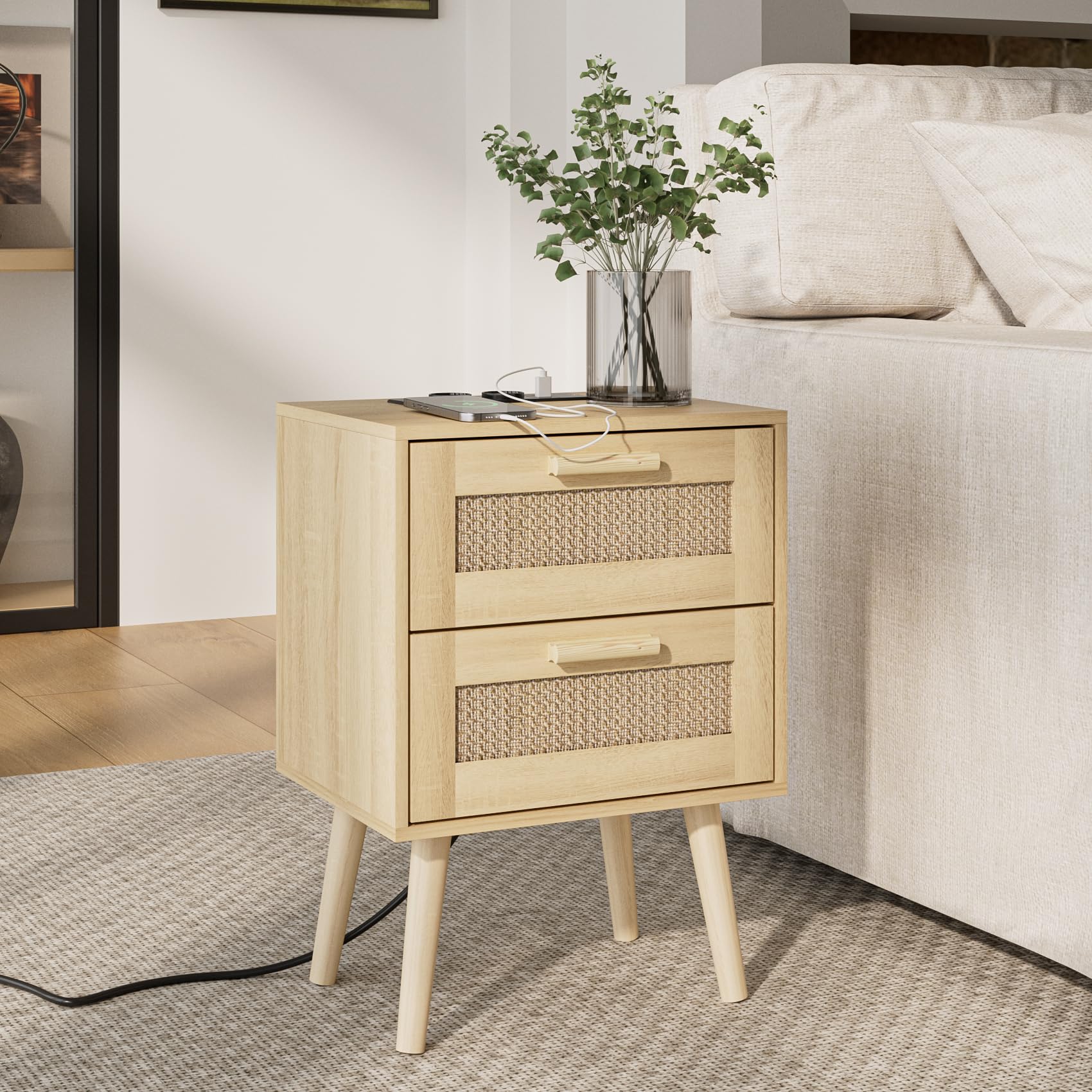 HEYZOEY Rattan Bedside Table – Boho Wood Nightstand with Storage Drawer