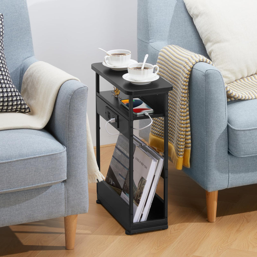 YEAKOO Narrow Side Table with Charging Station | 3-Tier Slim End Table