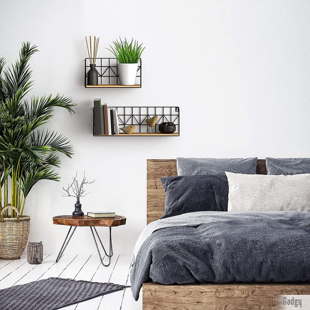 Gadgy Floating Wall Shelves – 2-Piece Rustic Wood & Black Metal Set