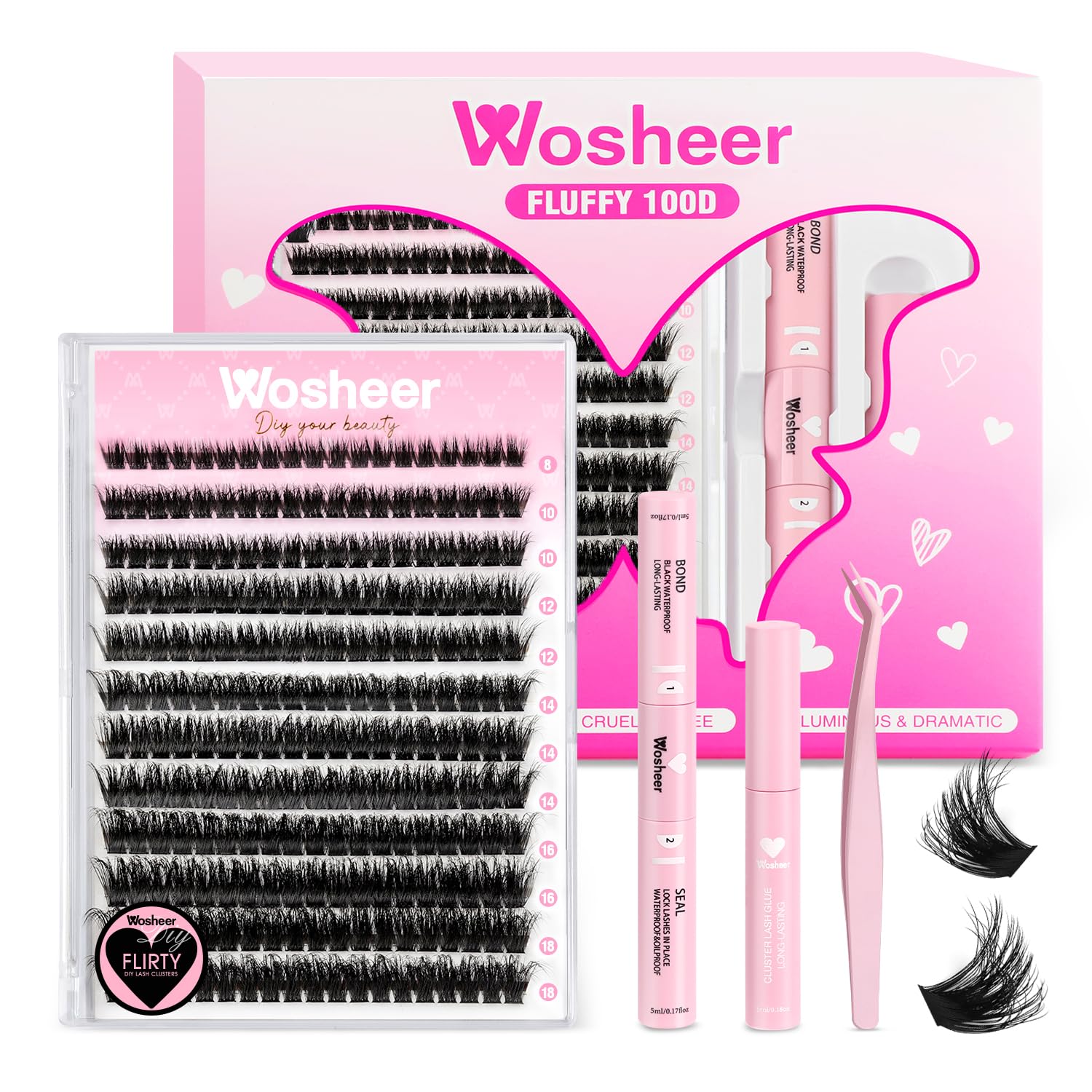 Wosheer Cluster Lashes Kit – 100D Fluffy D Curl DIY Lash Extensions