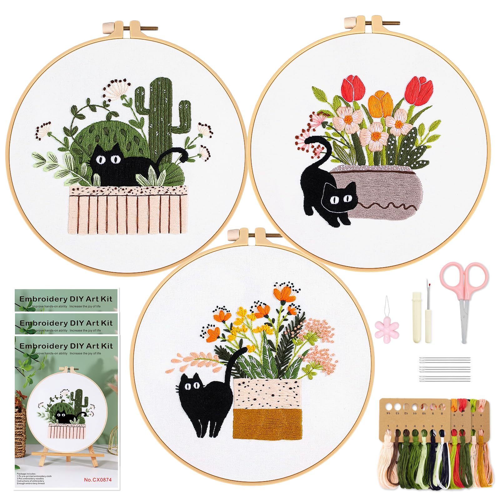 WIVLAX 3PCS Beginner Embroidery Kit – DIY Floral Cat Hand Stitch Set