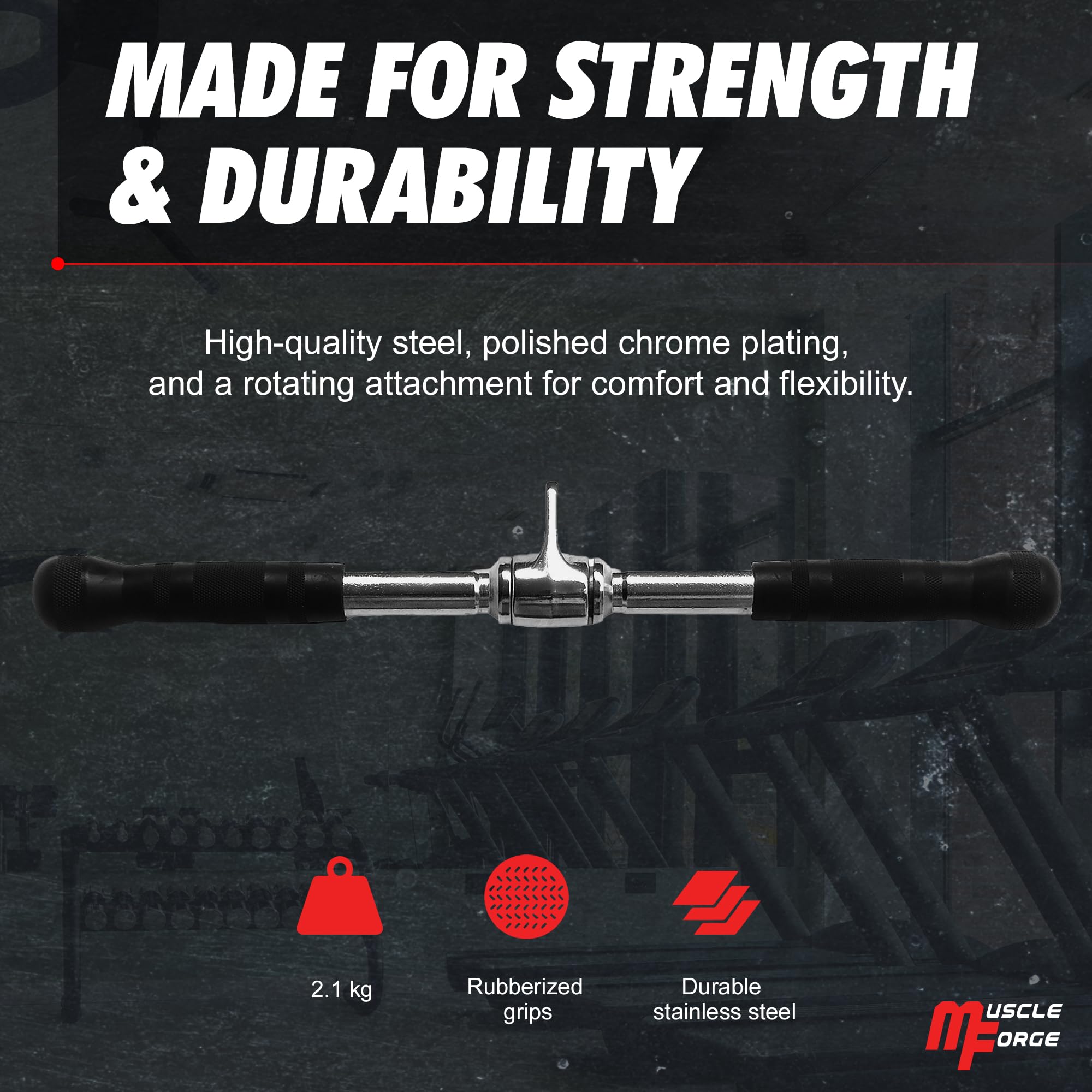 MuscleForge Straight Bar Cable Attachment - 50cm Steel Tricep Bar