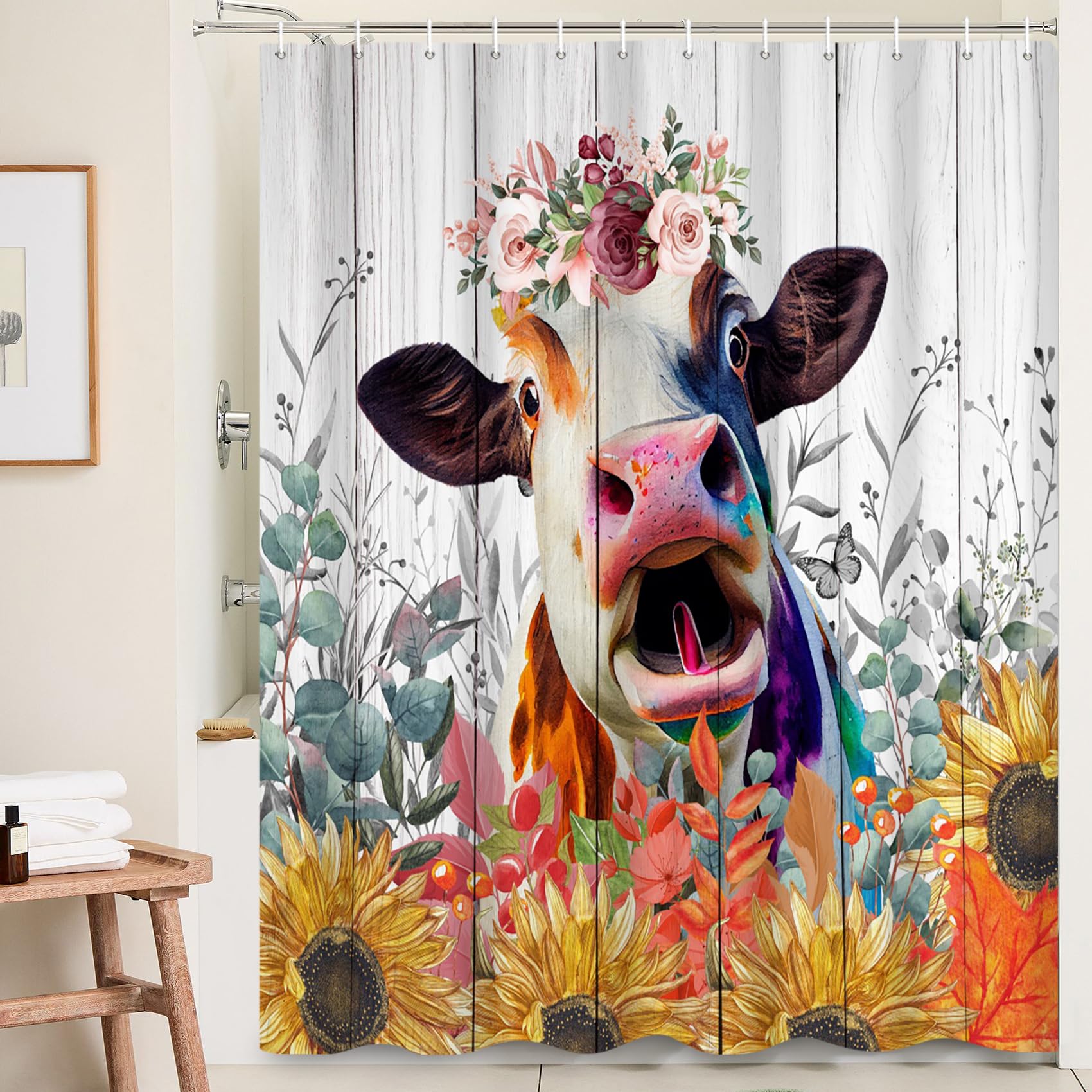 Ttincceer Funny Cow Shower Curtain | Farmhouse Sunflower Decor – 183x183cm