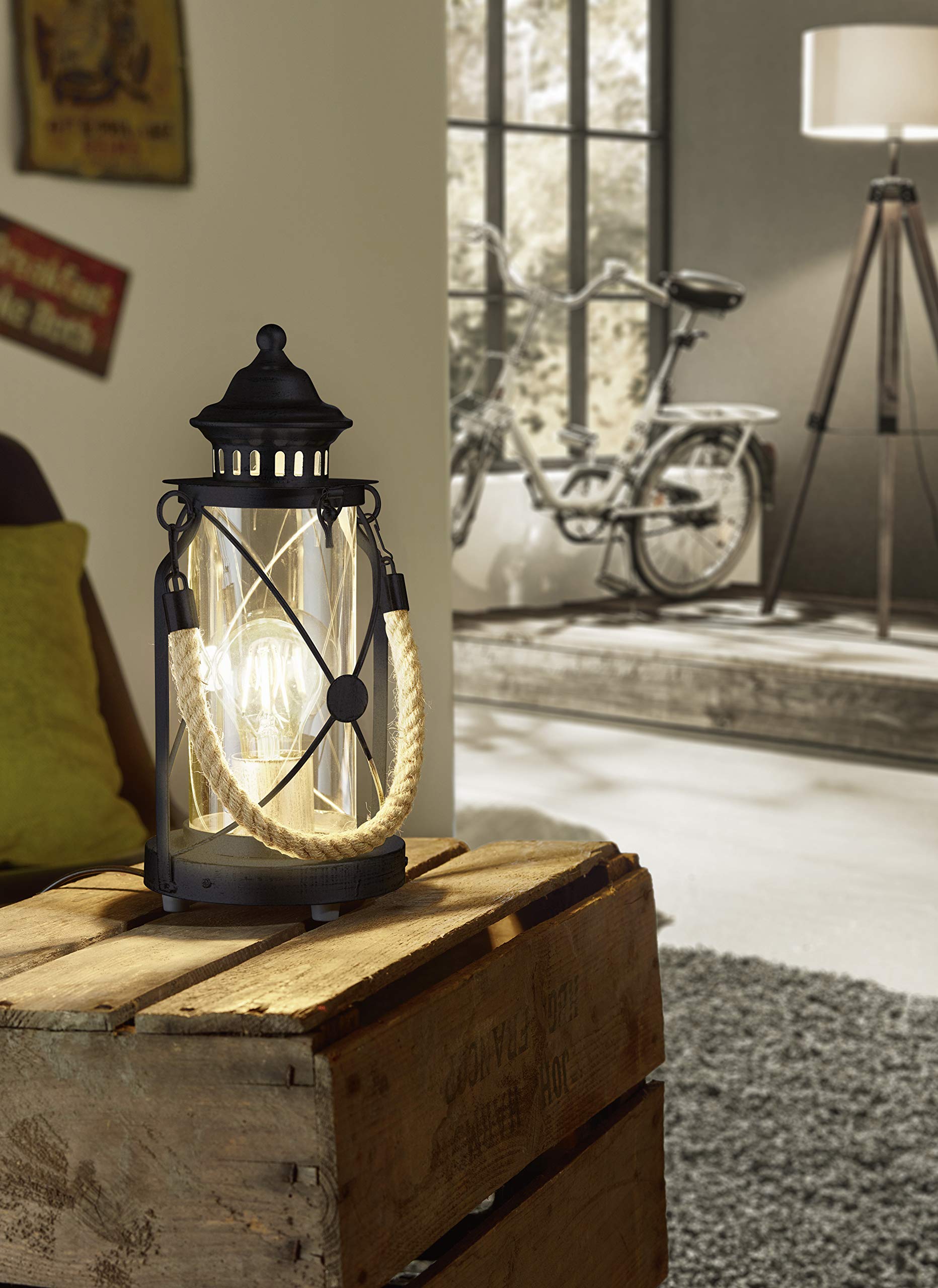 Eglo Bradford Vintage Lantern Table Lamp – Black Steel & Clear Glass