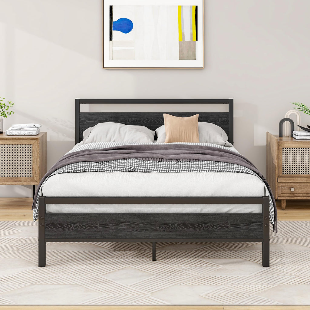 BOFENG 4ft6 Double Bed Frame | Heavy Duty Metal Platform with Wood Headboard