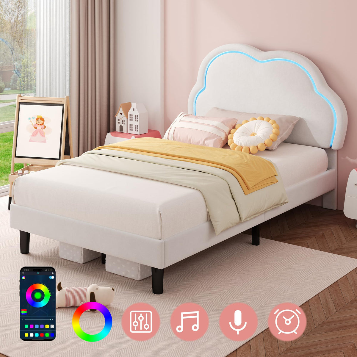 ModernLuxe 3FT LED Single Upholstered Bed 90x190cm for Kids Velvet Single Bed Frame Cloud Headboard Girls Bed with Adjustable Lighting - image 3