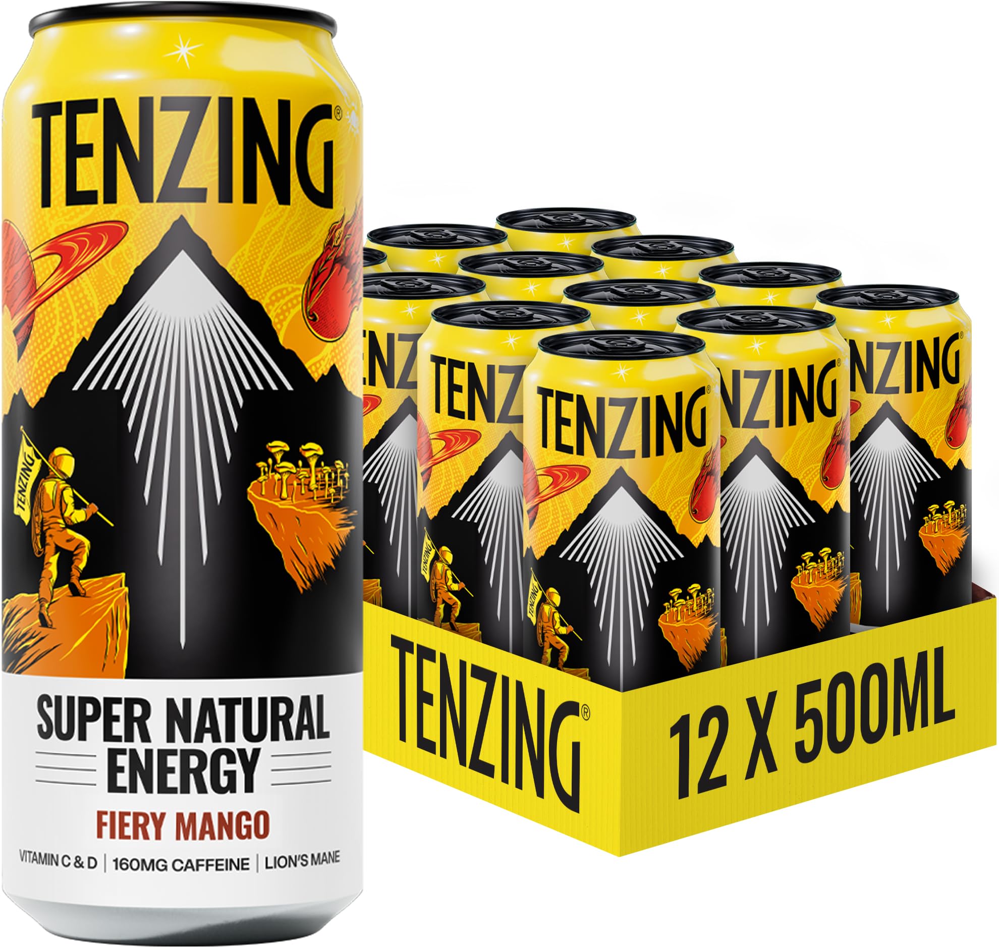 TENZING Fiery Mango Super Natural Energy Drink with Lion's Mane, 500ml