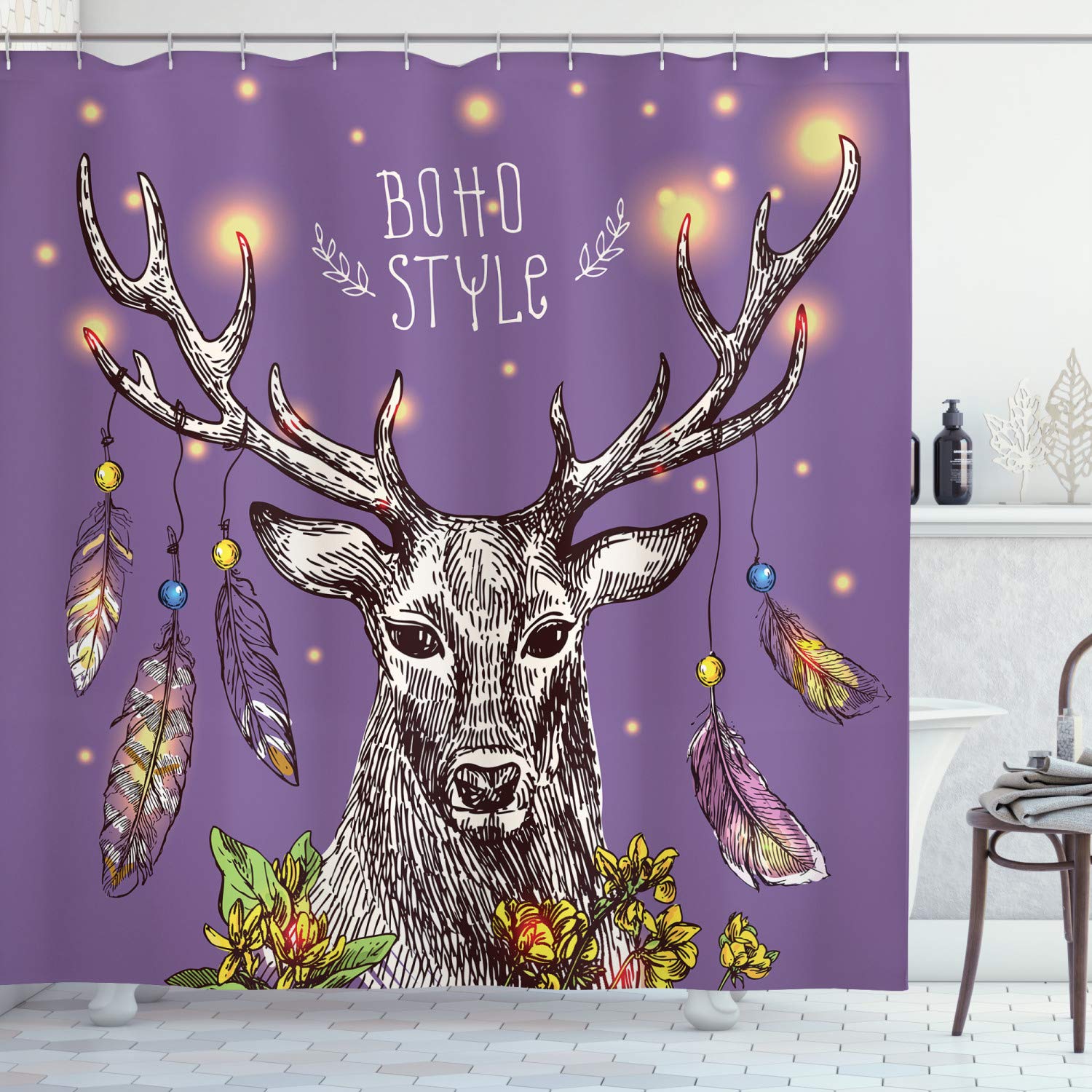 ABAKUHAUS Boho Reindeer Shower Curtain | Waterproof Fabric - 69 x 78 in