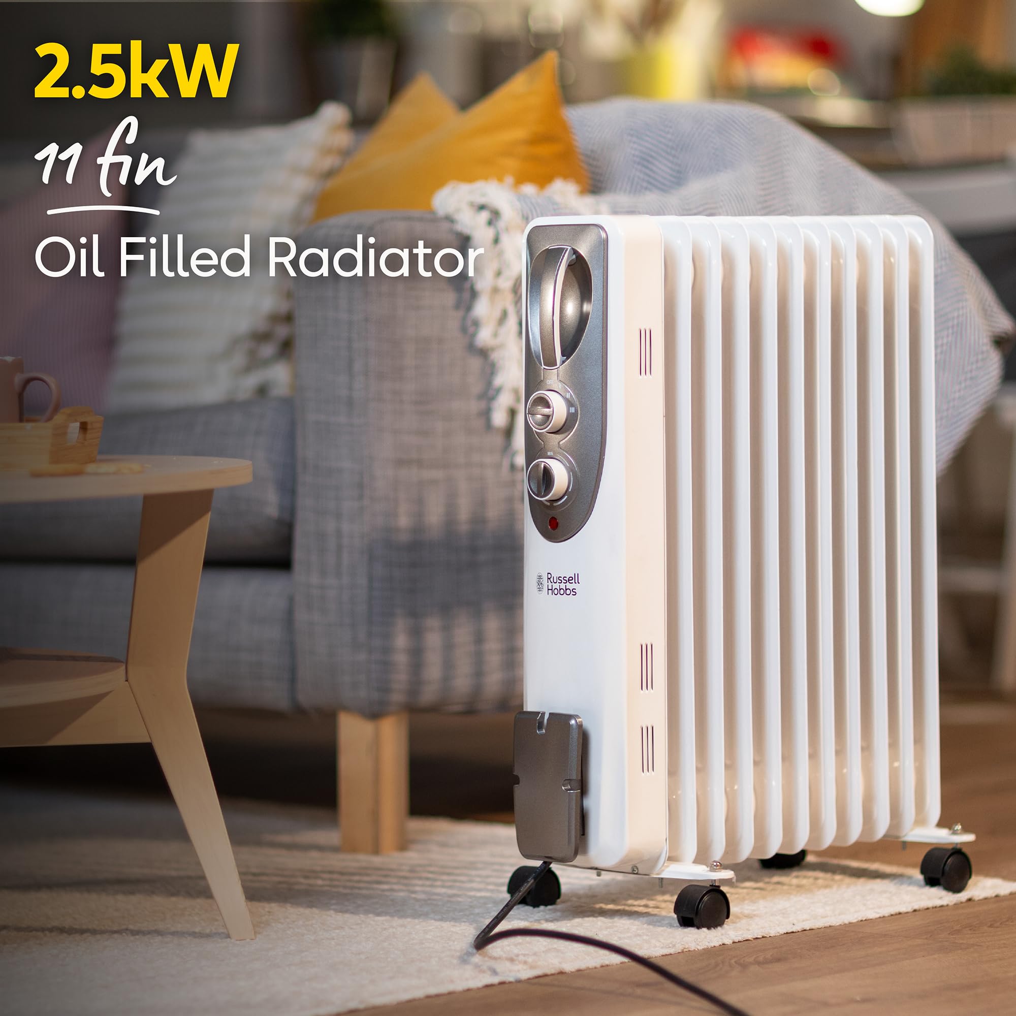 Russell Hobbs 2500W Oil Filled Radiator – 11 Fin Portable Electric Heater