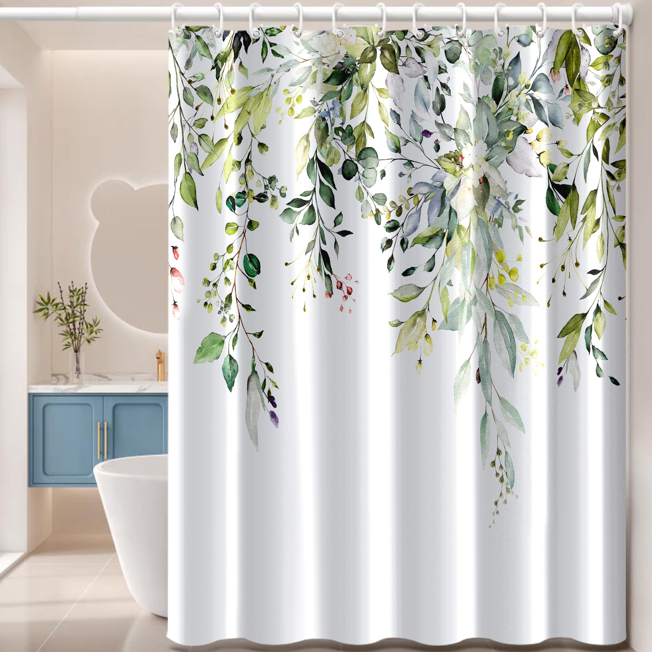 Pelizen Waterproof Shower Curtain | Green Leaf Print Polyester | 180x180cm