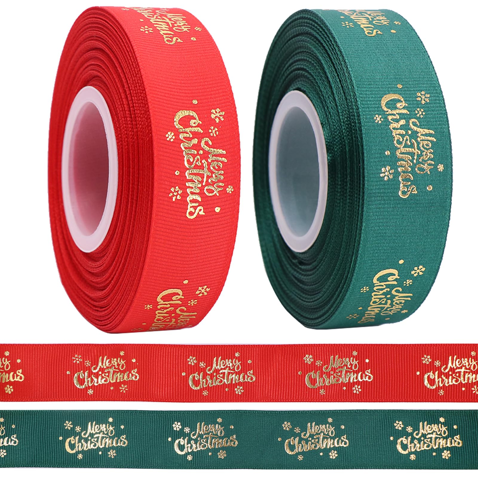 LOOGI Merry Christmas Ribbon - 2 Rolls Red & Green Grosgrain for Gifts