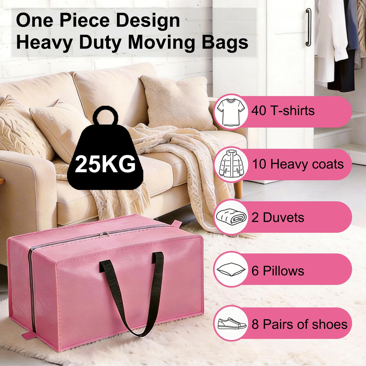 SANNAX 6 Pack 83L Pink Moving Bags, Foldable Storage Bags with Double Zips - image 5
