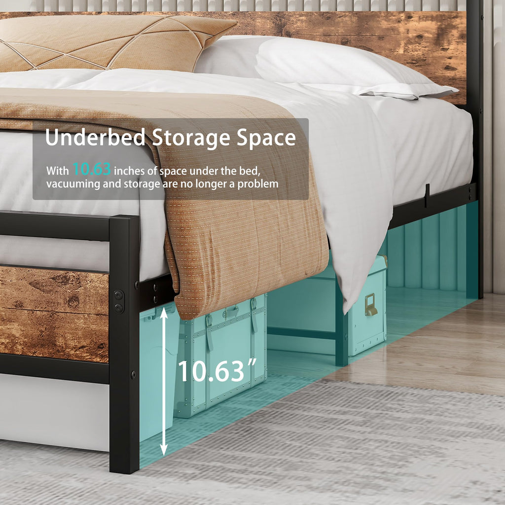 HOJINLINERO Double Bed Frame – Heavy Duty Metal Platform with Wood Headboard